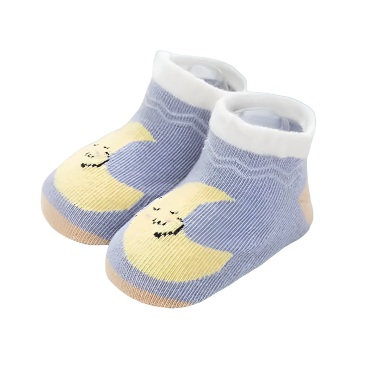 Pair of baby socks with moon design on a light background