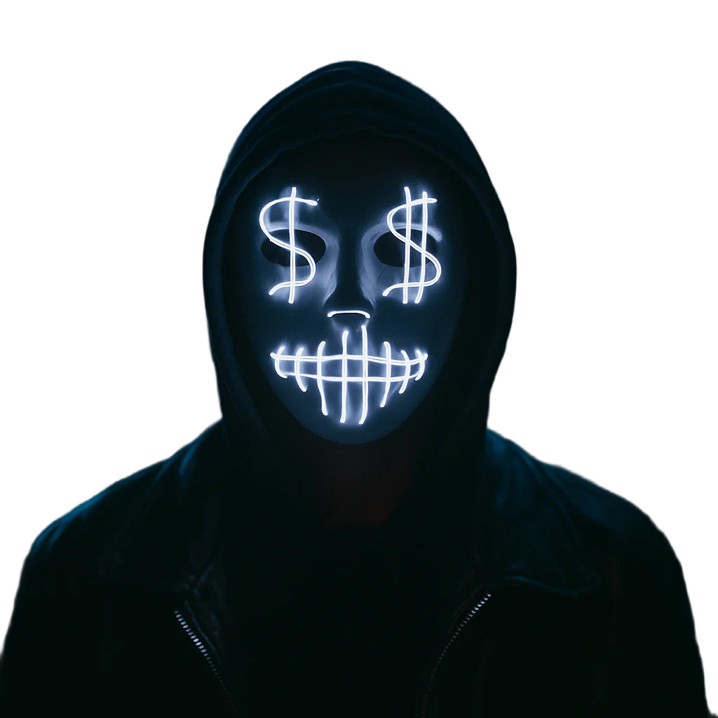 Person wearing a glowing LED mask with dollar signs in a dark, possibly urban setting.