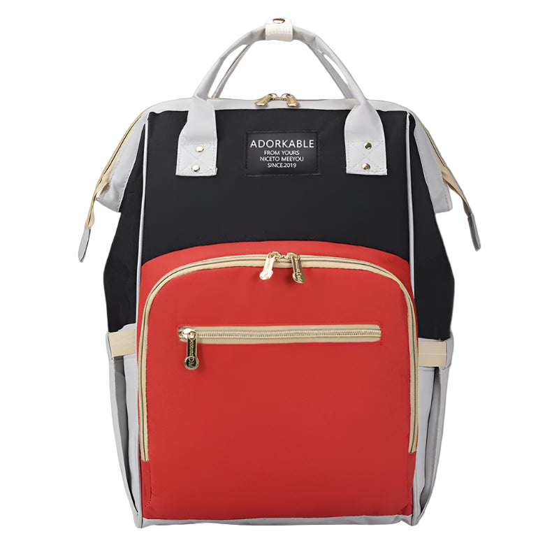 Multicolored backpack with visible brand name on a white background