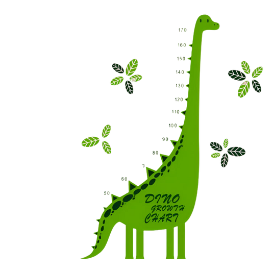 Green dinosaur growth chart with leaves on a white wall in a room with a couch and toys.