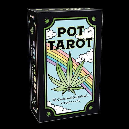 Box of 'Pot Tarot' cards with a cannabis leaf design on a white background