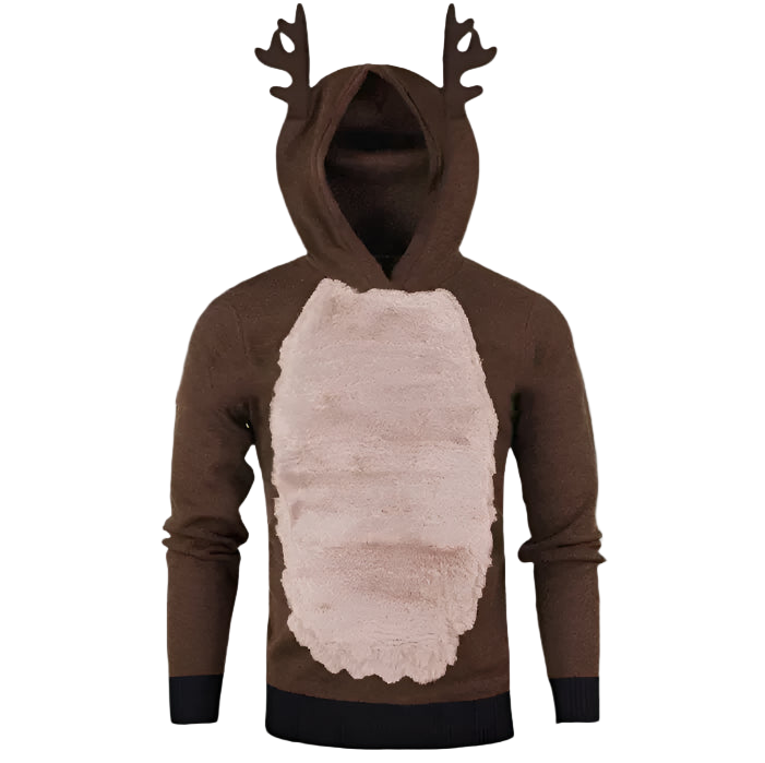 Brown hoodie with reindeer antlers and belly on a white background