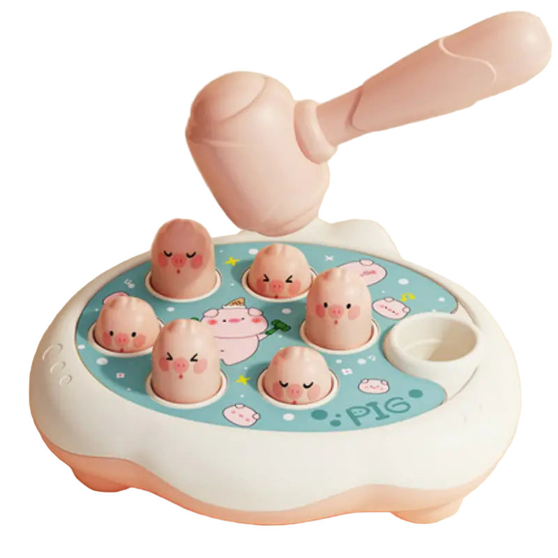 Children's educational toy with cartoon pig figures on a light pink background