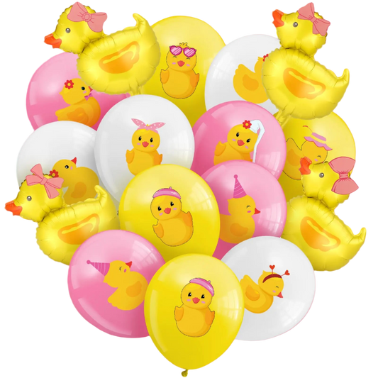 Balloons with duck designs on a white background