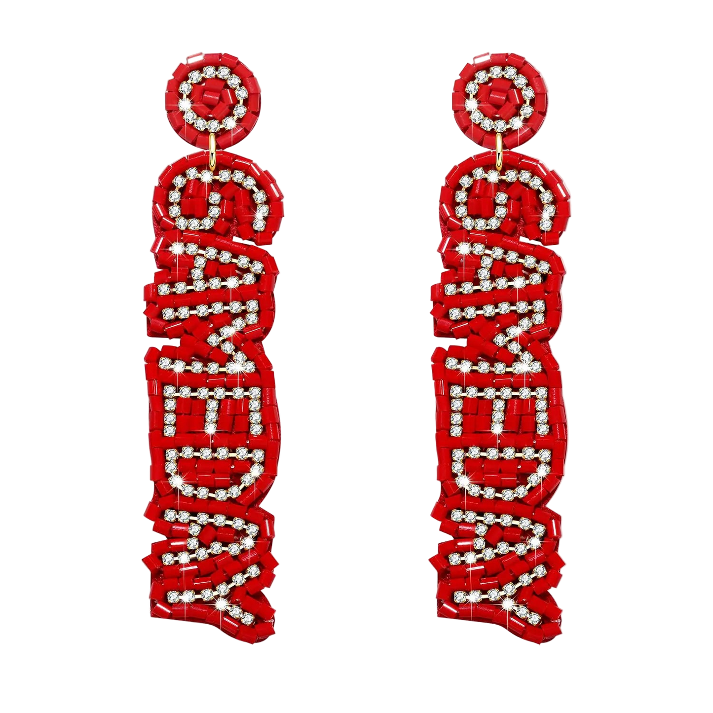 Red earrings with white text on a white background