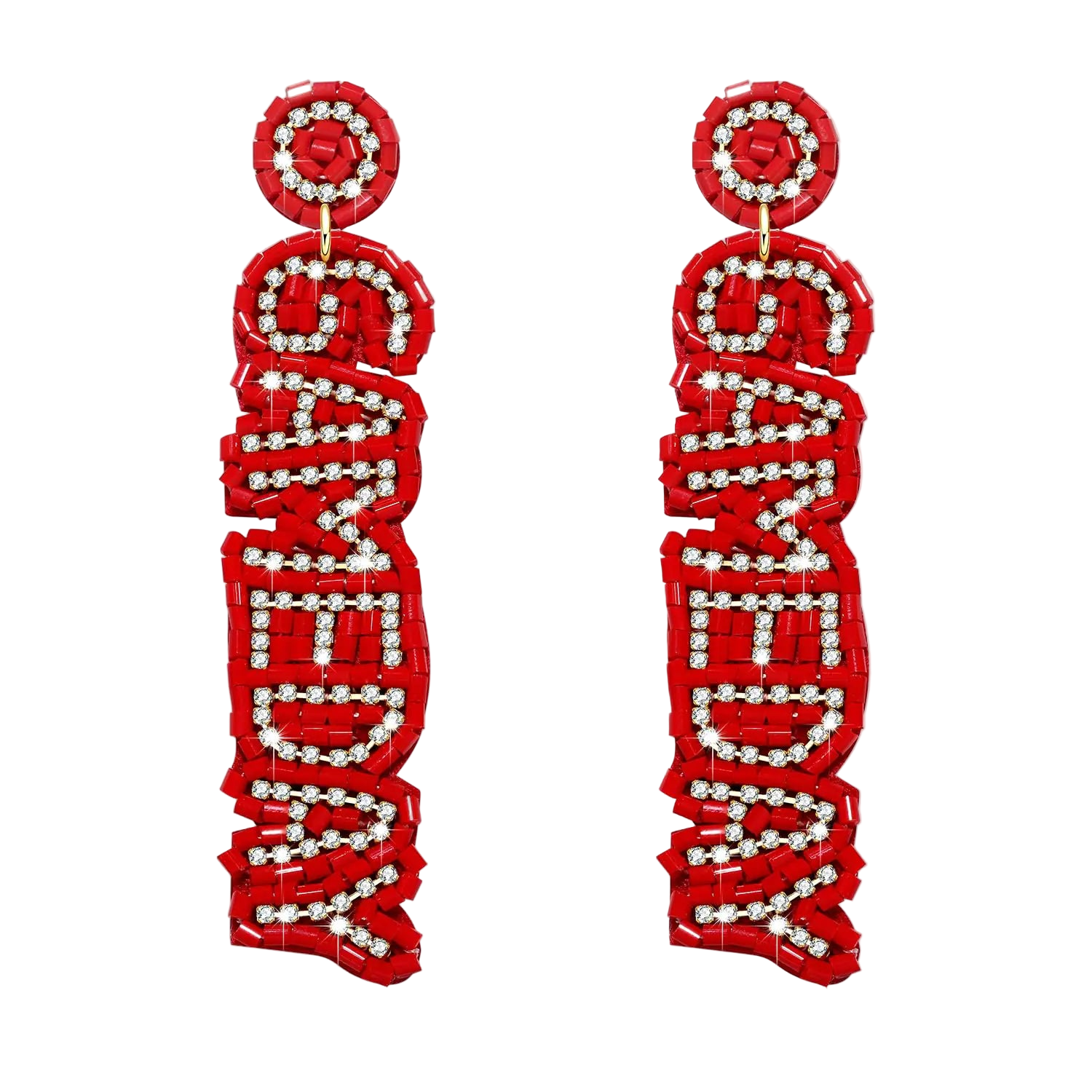 Red earrings with white text on a white background