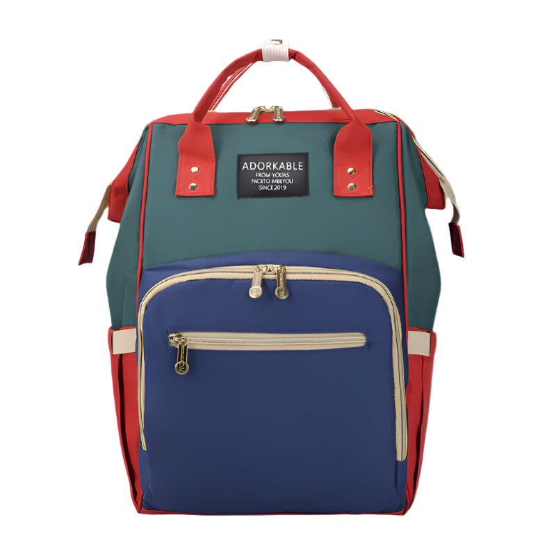 Multicolored backpack with visible brand label on a white background