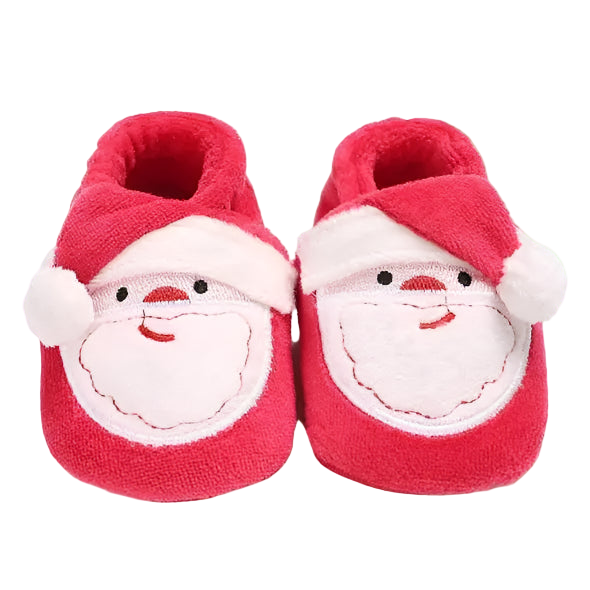 Red baby shoes with Santa face design on a white background