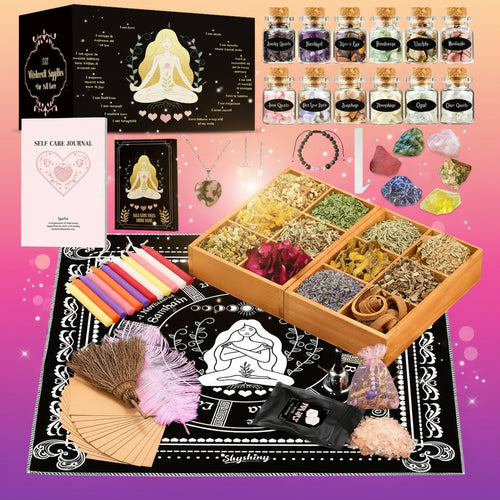 Witchcraft kit with various items including herbs, stones, and a journal on a black mat.