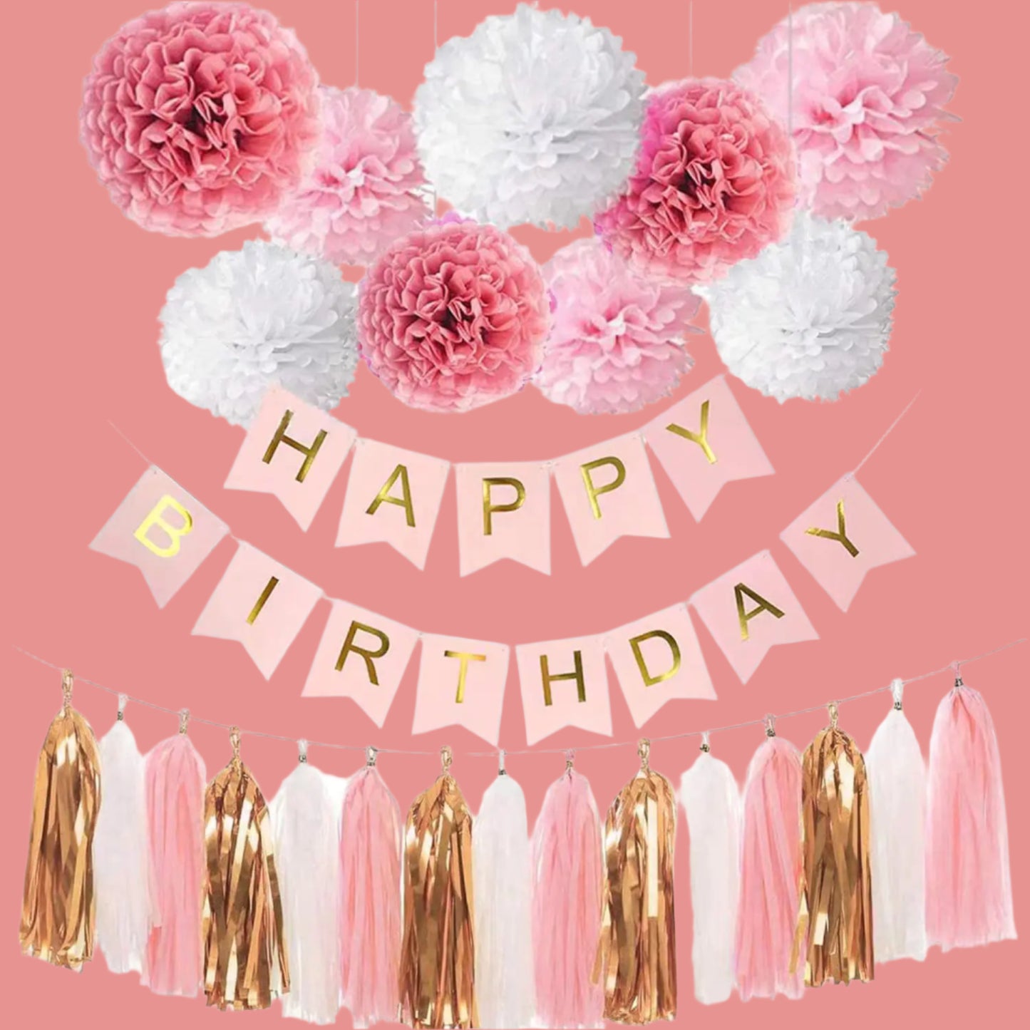 Decorative birthday banner with pink and white flowers and tassels on a white background