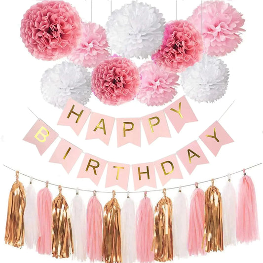 Pink Gold Birthday Party Decorations Set pink Gold Glittery Happy Birthday banner Tissue Paper Pom Tassel Garland for Birthday Party Decorations for Man Women Birthday Party Decorations