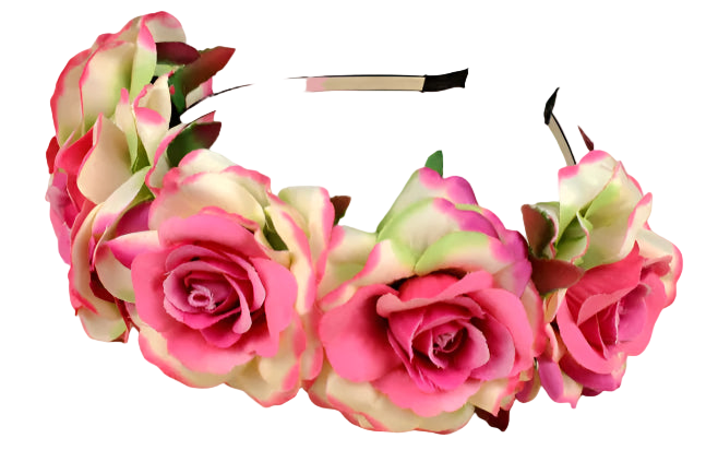 Floral headband with pink and white roses on a wooden surface