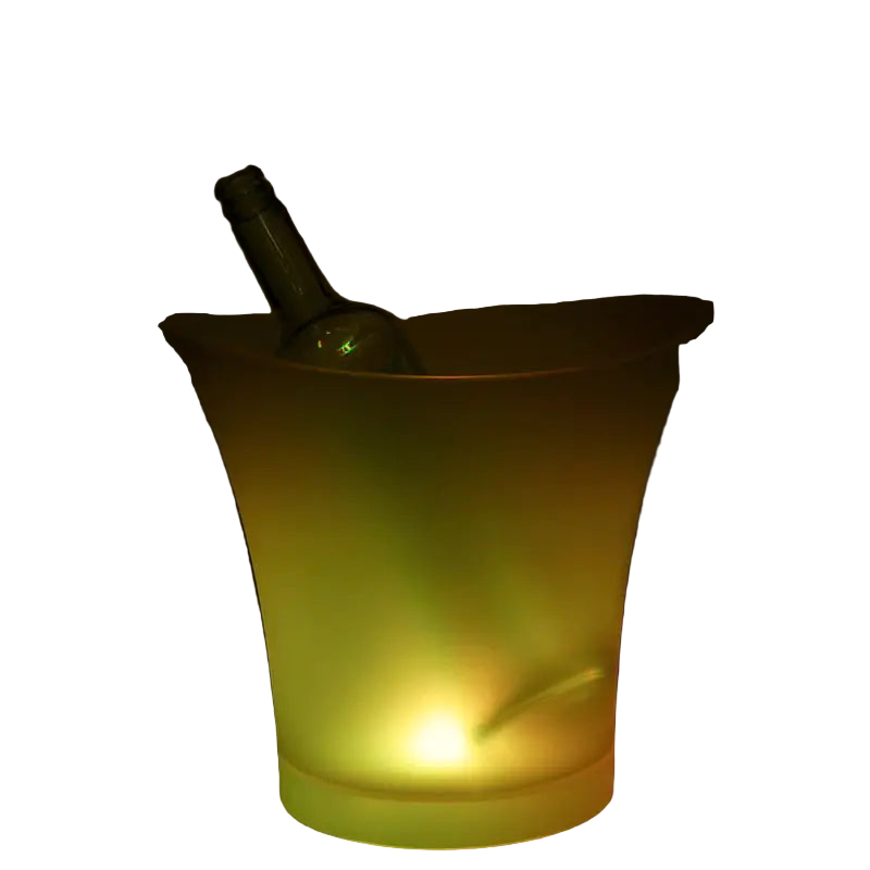 Glowing yellow ice bucket with a bottle inside on a dark background