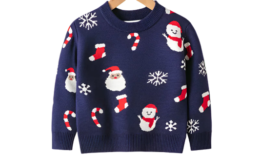Navy blue sweater with Christmas-themed patterns on a hanger against a white background