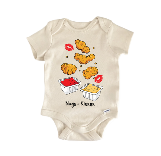 Beige baby onesie with chicken nuggets and ketchup graphic on a white background