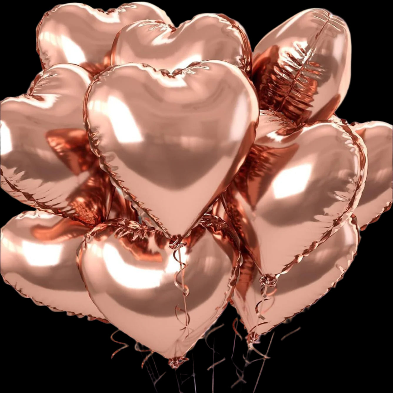 Rose gold heart-shaped balloons on a white background