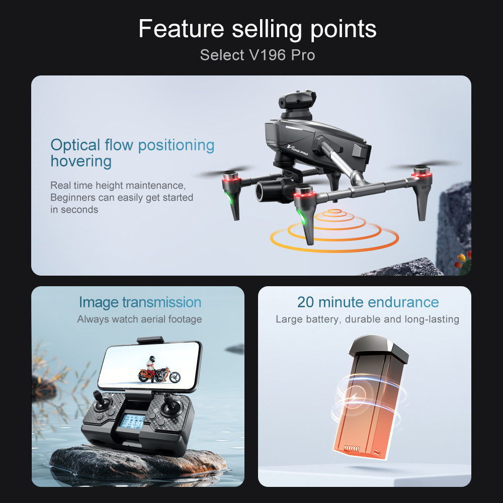 Drones with features like optical flow positioning, image transmission, and endurance highlighted on a black background.