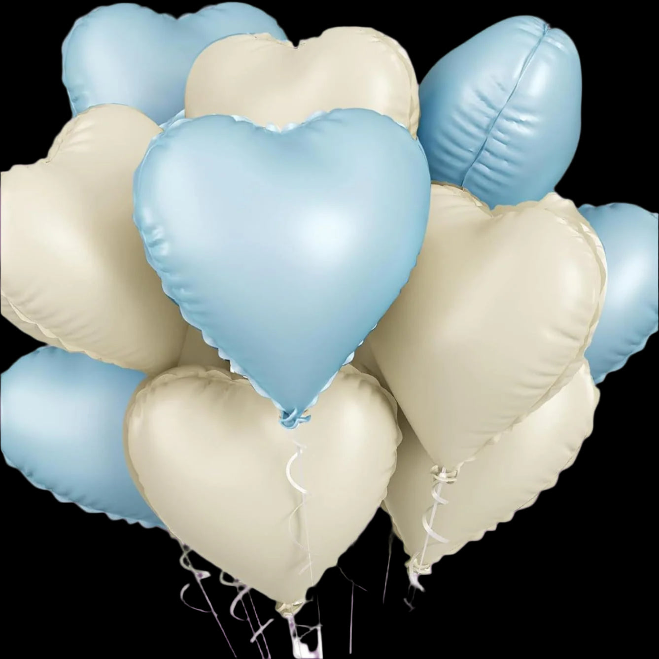 Bunch of blue and beige heart-shaped balloons on a white background