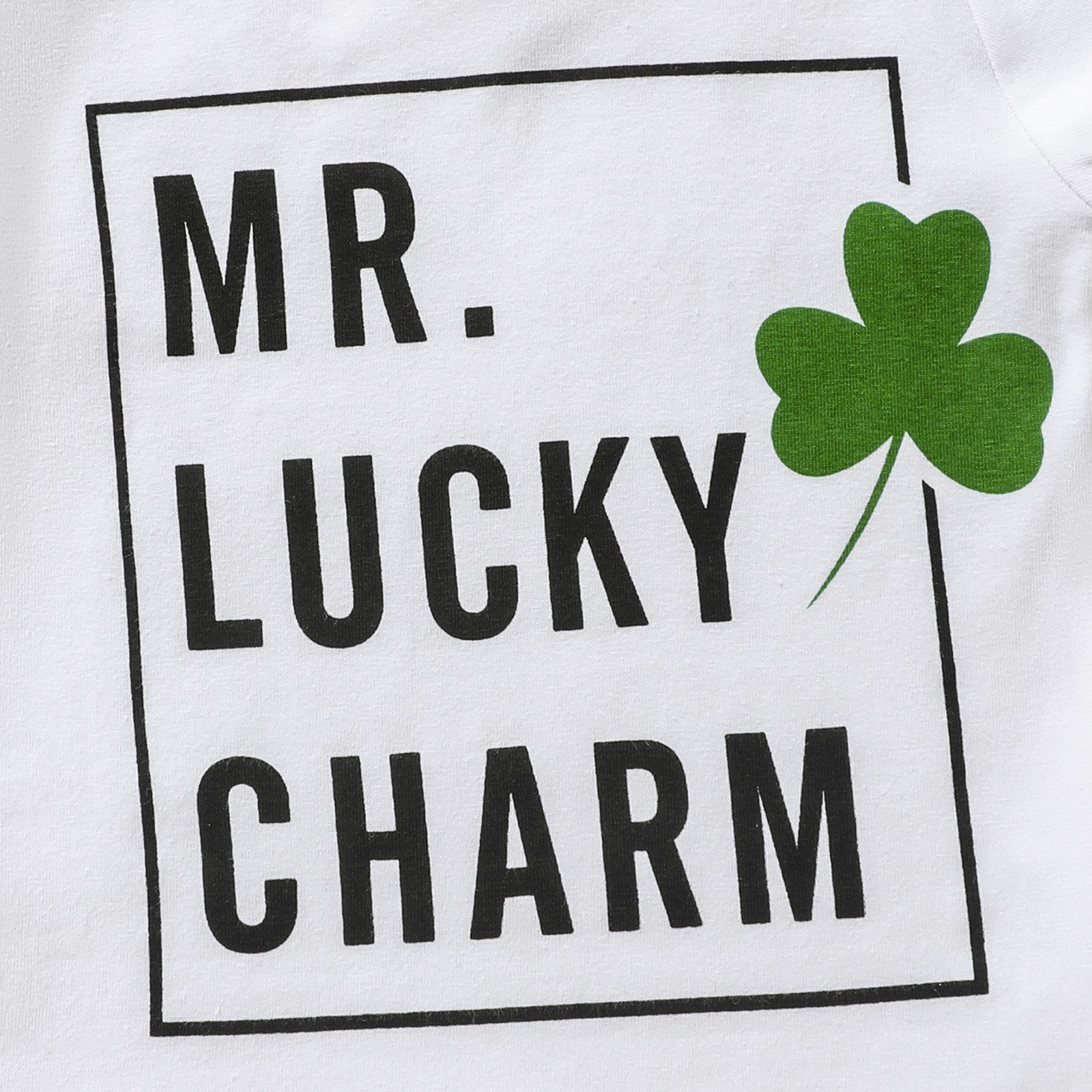 Text 'MR. LUCKY CHARM' with a green four-leaf clover on a white background