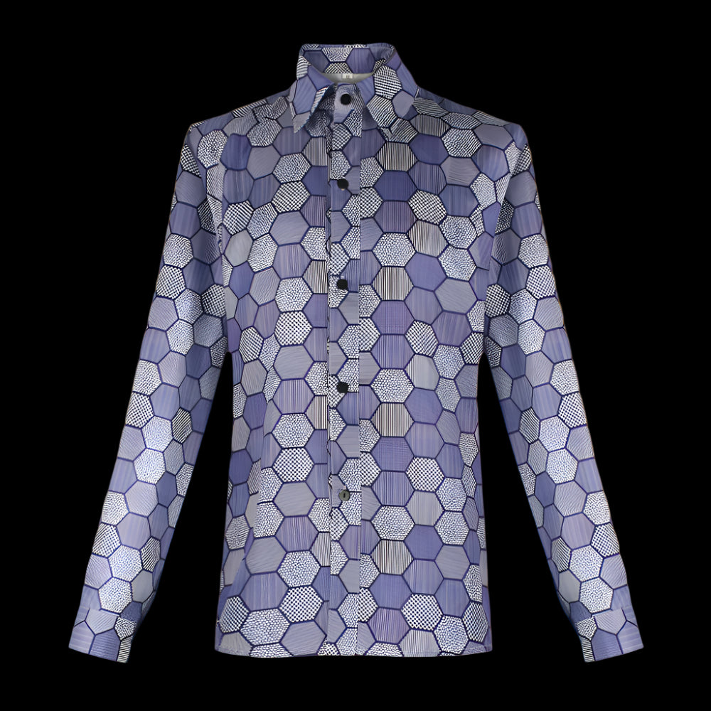Blue geometric patterned shirt on a white background