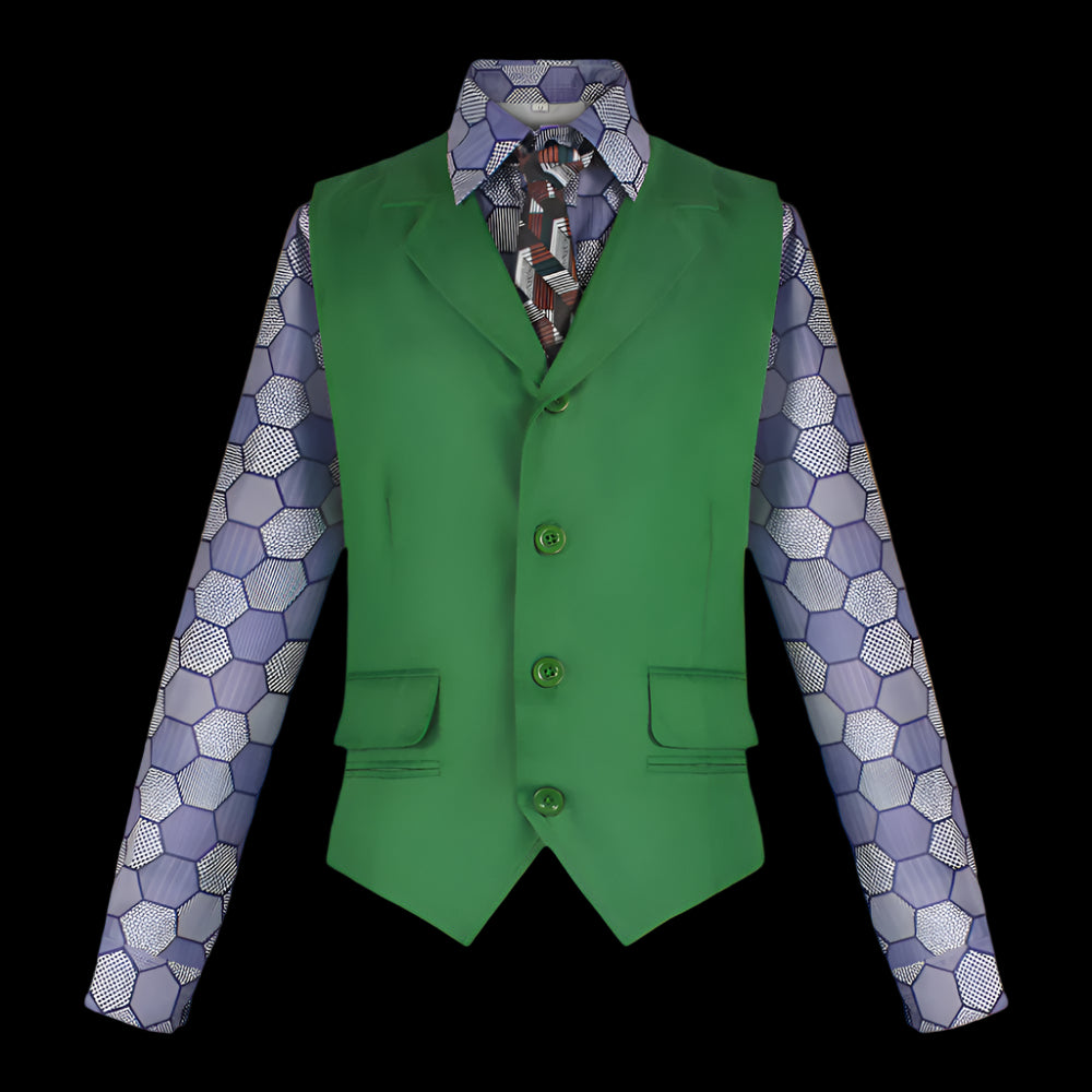 Green vest with patterned shirt on a white background