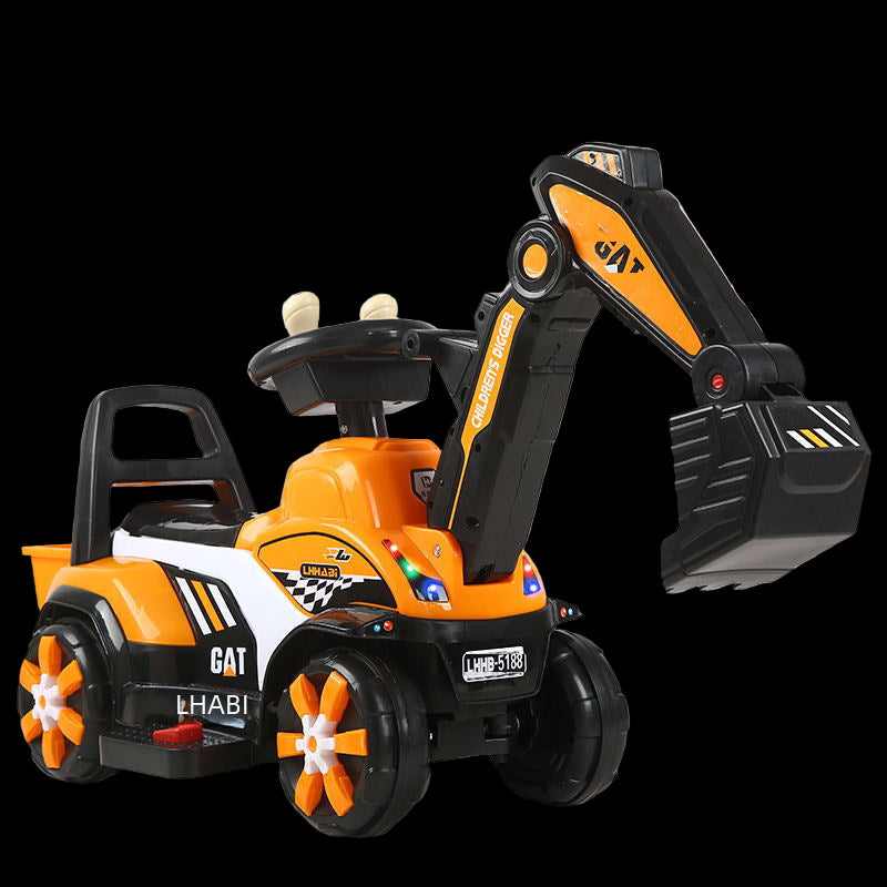 Toy excavator with electric digging arm, music lights, and double-layer backrest on a beige background.