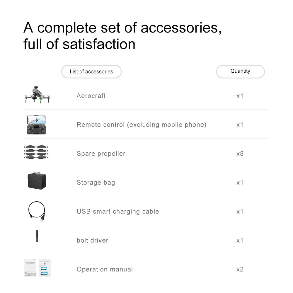 List of accessories with quantities for a product, including aircraft, remote control, spare propeller, storage bag, USB charging cable, bolt driver, and operation manual.