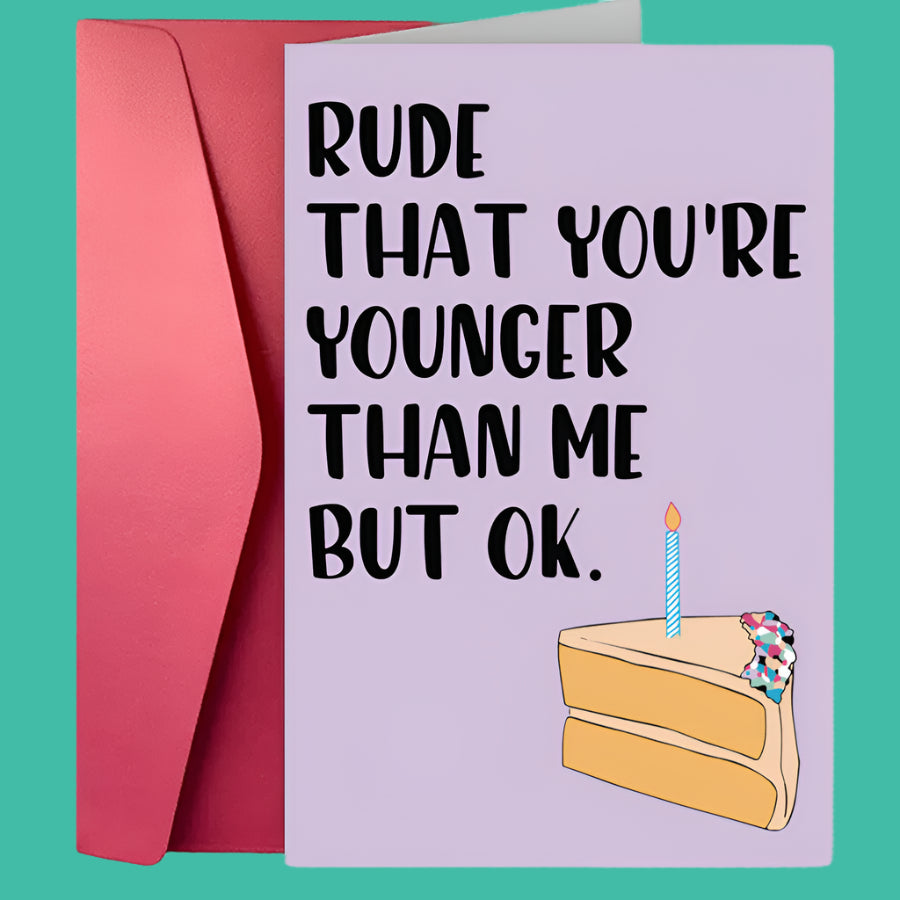 Greeting card with birthday cake illustration and text on a purple background with pink envelope.