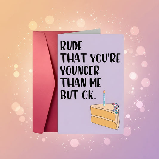 Greeting card with birthday cake illustration and text on a purple background with pink envelope.