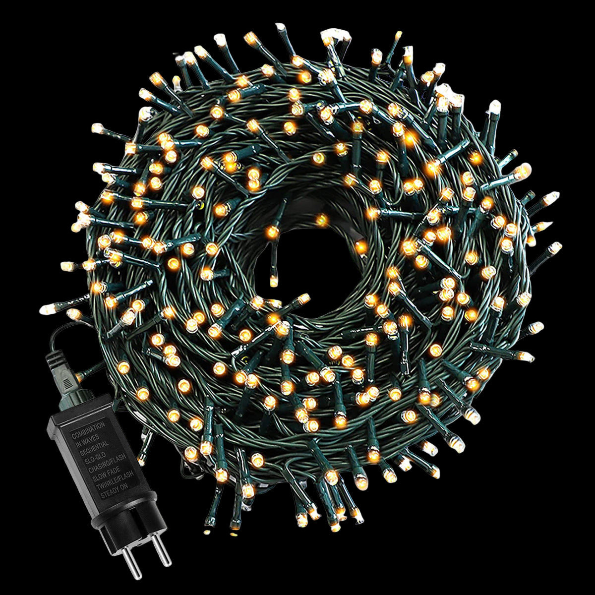 Coiled string lights with plug on a white background