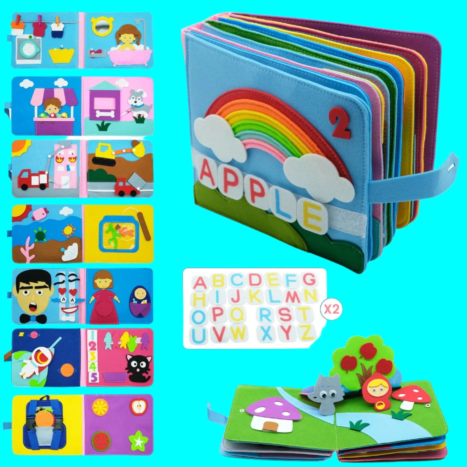 Colorful children's soft book with various illustrations and a rainbow design on a white background.