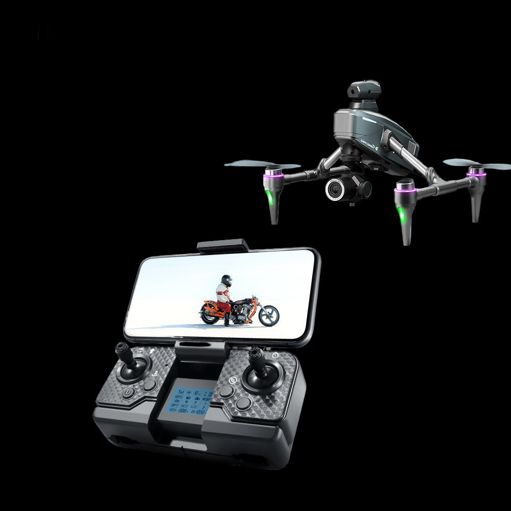 Drone flying over water with a smartphone displaying live footage, on a rock.