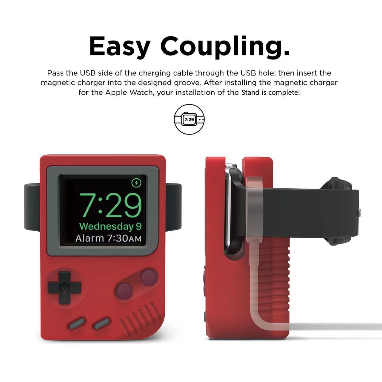 Red device with a screen displaying time and date, connected to a magnetic charger on a white background.