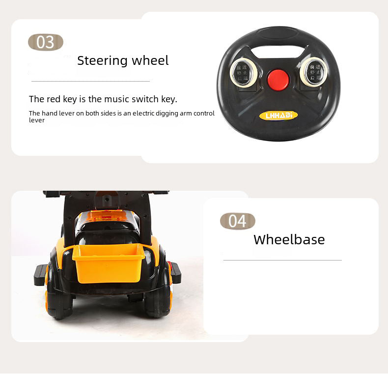 Steering wheel and wheelbase of a toy construction vehicle on a white background