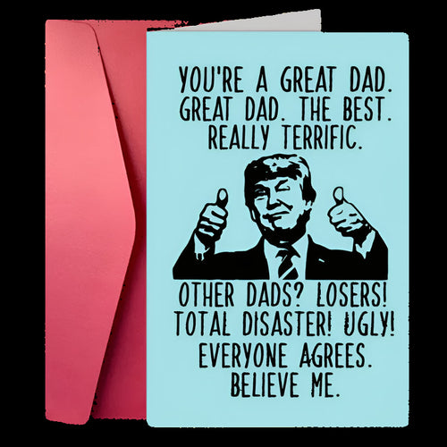 Card with a cartoon of a man giving thumbs up, text praising the dad, and a pink envelope.