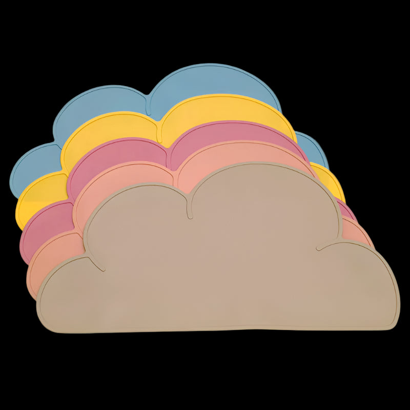 Stack of colorful cloud-shaped plates on a white background