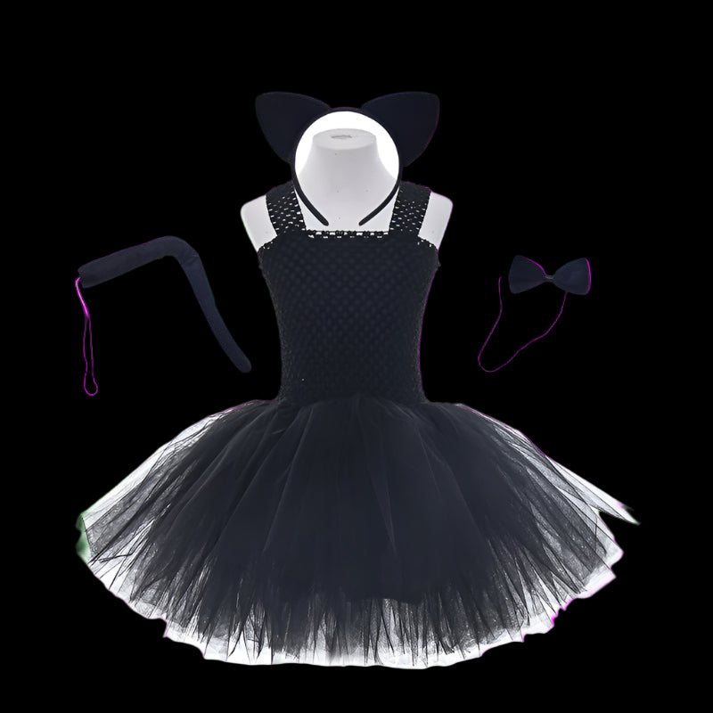 Black cat-themed costume with dress, headband, and tail on a white background