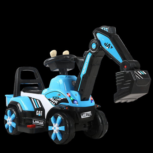 Toy excavator with electric digging arm, music lights, and double-layer backrest on a light blue background.