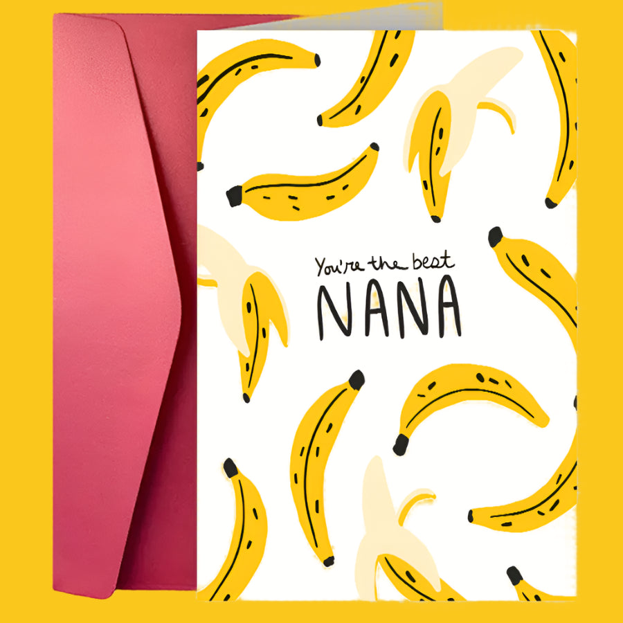 Greeting card with banana pattern and 'You're the best Nana' text, pink envelope.