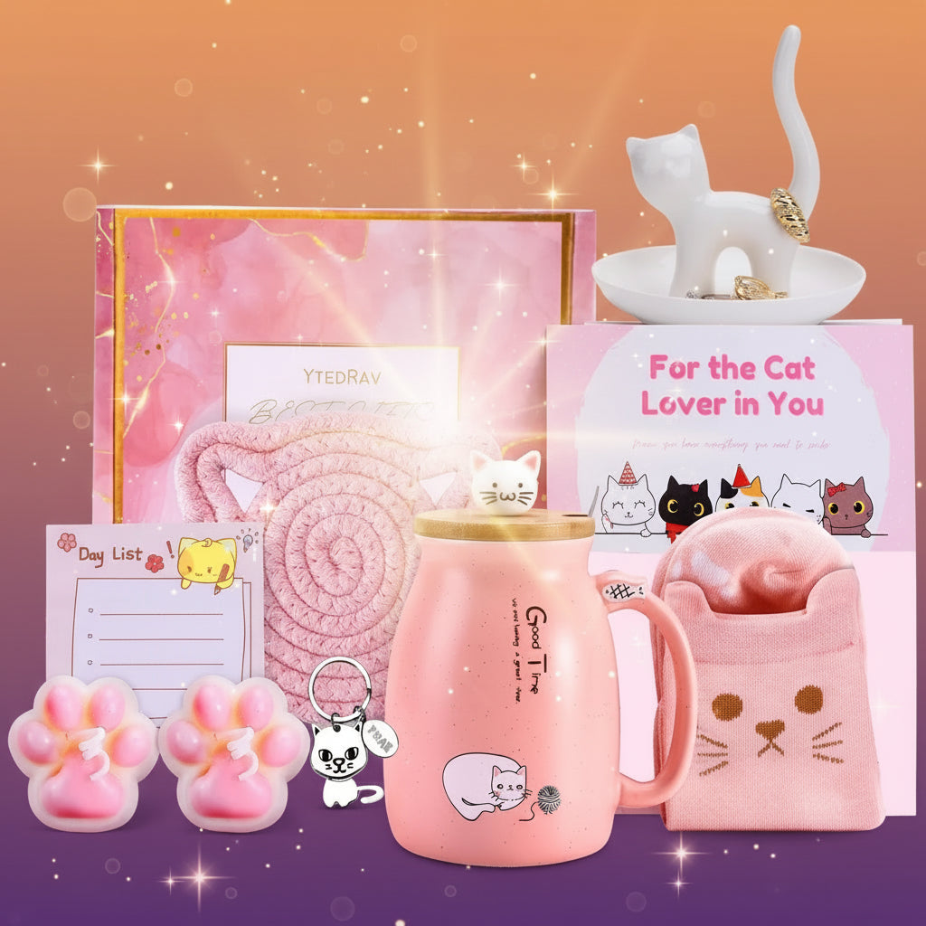Collection of pink cat-themed products on a light pink background