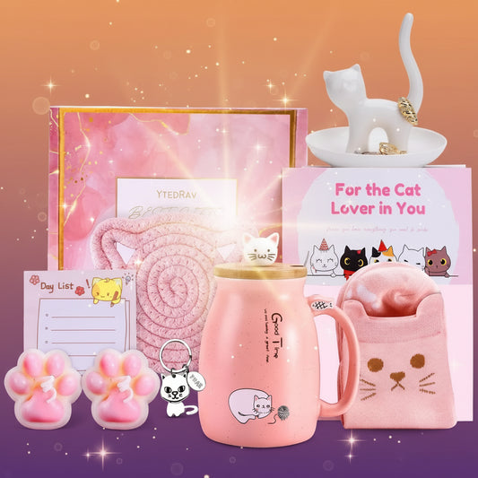 Collection of pink cat-themed products on a light pink background