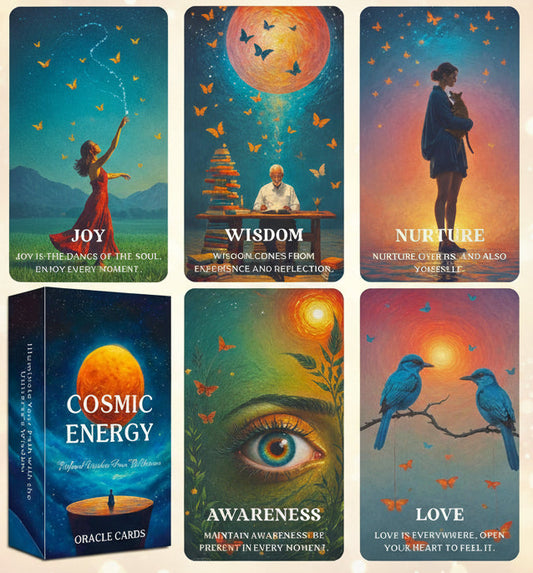 Set of six oracle cards with colorful illustrations and text on a white background