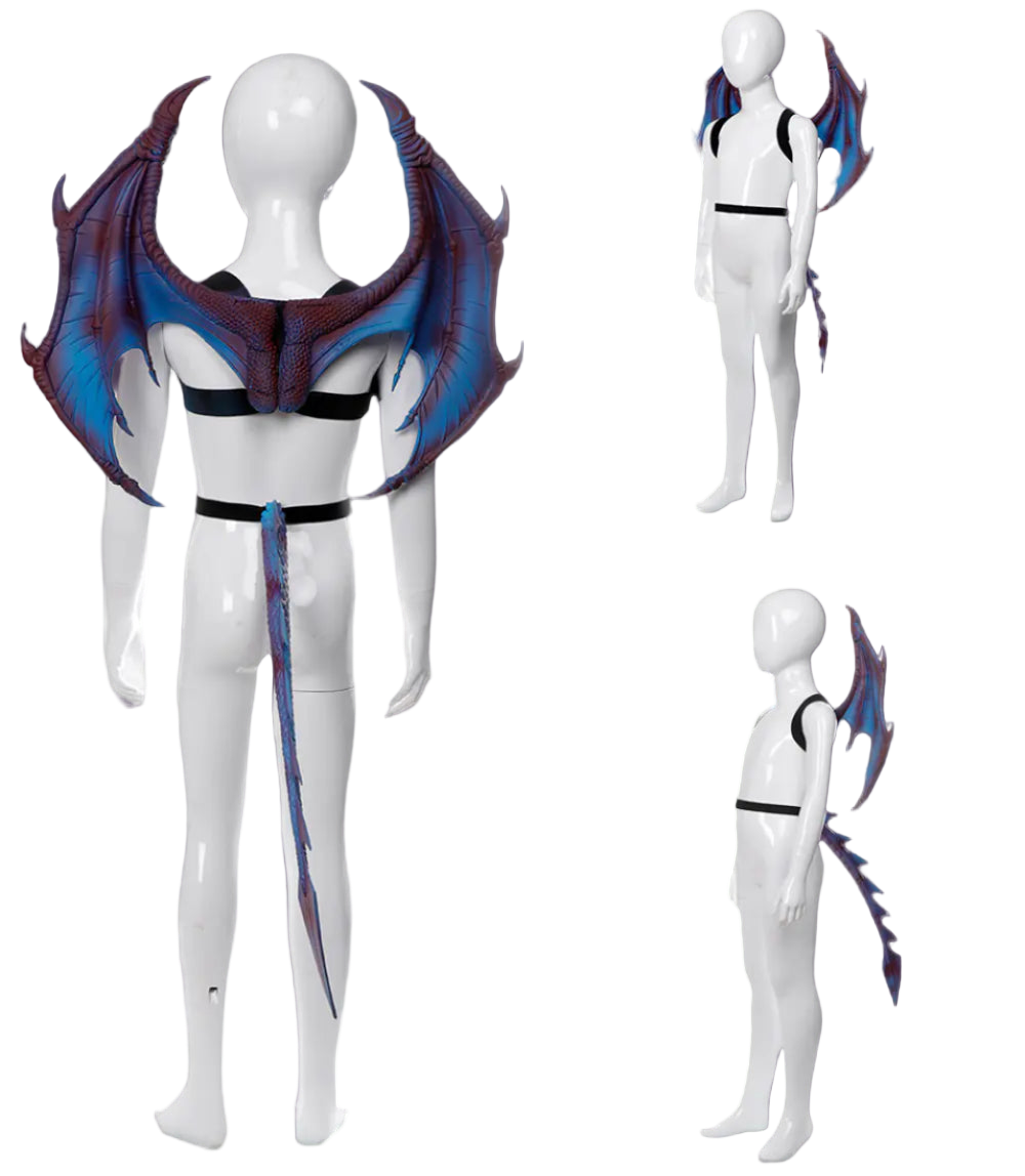 Blue and purple dragon-like costume on a mannequin with multiple views.