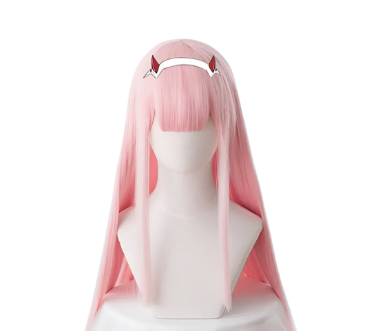 Pink wig with red hair clips on a mannequin head against a white background