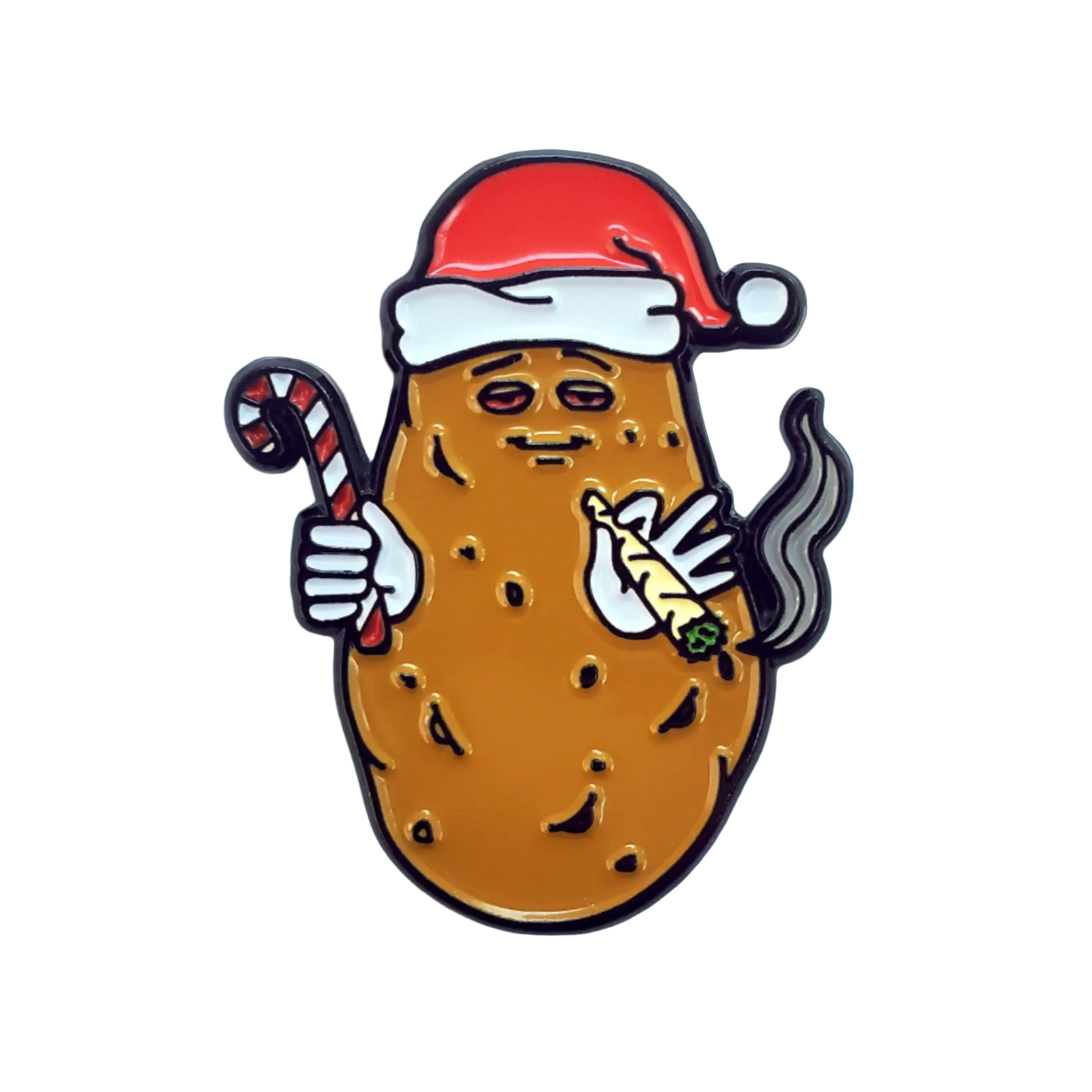 Christmas-themed potato with a Santa hat, candy cane, and gift on a white background