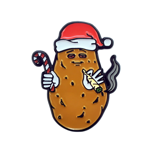 Christmas-themed potato with a Santa hat, candy cane, and gift on a white background