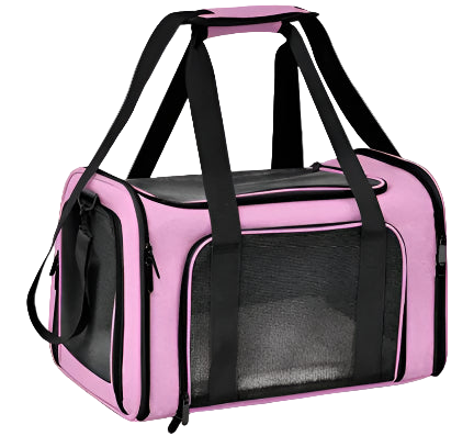 Pink pet carrier with black interior and straps on a white background