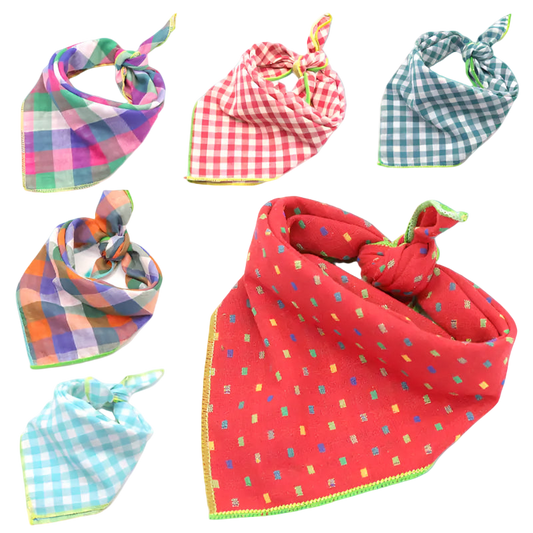 Collection of colorful patterned bandanas on a white background