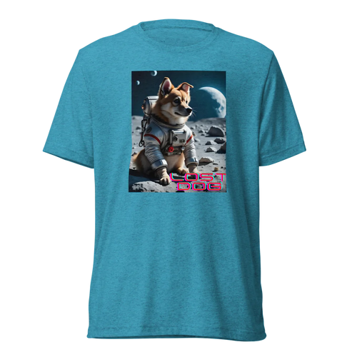 Blue t-shirt with a graphic of a dog in a space suit on the moon, labeled 'Lost Dog'.