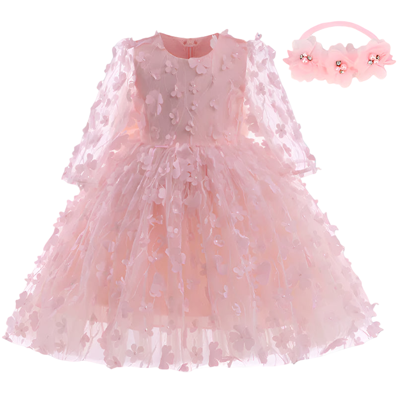Pink floral dress with matching headband on a white background